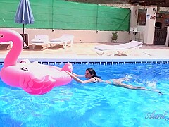 Linda Del Sol Strips and Plays For You in the Pool