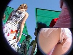 Pink panty under street upskirt