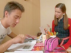 Helping Her Friend With An Exam Ended With The Brunette Getting Fucked And Swallowing Cum