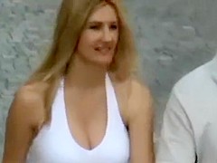 Deep cleavage bouncing titties on road