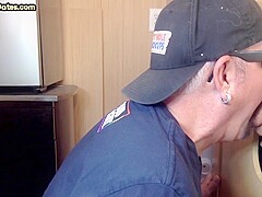Gloryhole gay enjoys jerking big dick while sucking it
