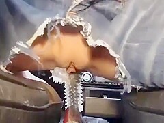 Pussy riding gear shifter with spiked rubber. Squirting in car!