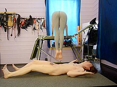 Barefeet Young Mistress Trample Slaves Belly And Jump On It With Of Pain