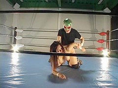 Busty hairy Jap banged in a wrestling ring