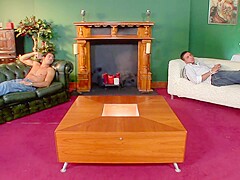 Two horny studs banged this small breasted whore in spex
