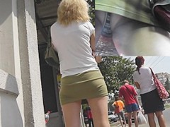 Hawt golden-haired upskirt hottie in straps