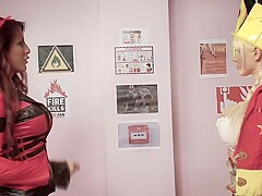 Lesbian firefighter babes Charlie Monaco and Jordan Pryce shared sensual dildo pleasuring