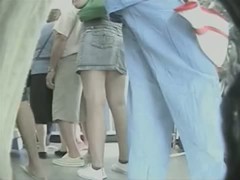 in the shop upskirt white thong sexy and horny in a denim skirt