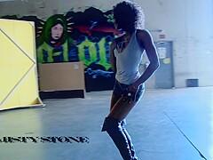 Curly haired ebony cutie loves to ride on a huge cock