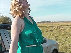 Milf Beautiful Sexy Blonde Outdoors On River Bank Washes Car Without Panties And Bra Under Dress. No