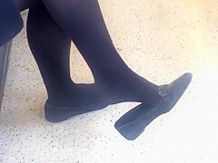Candid Feet Dangling Shoeplay Black Tights Nylons