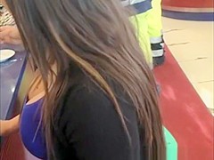 Busty brunette chick in tight blue top