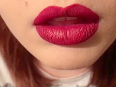 Teen red lipstick closeup blowjob, cum on tongue and swallow