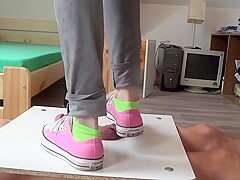 No mercy sneakers cockcrushing. Jump stomp trample full weight on cock ball