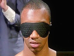 Blonde mistress canes black male slave