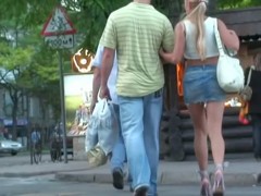 Sexy upskirt babe walking around, showing her panties