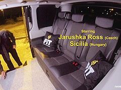 FUCKED IN TRAFFIC - Wild blondes Jarushka Ross and Sicilia share cock in backseat FFM threesome