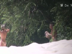 Mature bimbos get their panties in voyeur nudist beach video