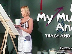 Female painter and girlfriend in oral sex