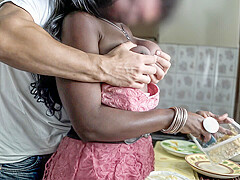 Ebony hot MILF housewife railed in the kitchen making a big mess