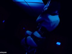 Aletta Ocean stripping and sucking a black cock in the darkness