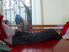 Goddess Victoria makes her slave lick her heels any pantyhosed feet