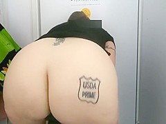 Collared slave fucks herself hard to orgasm in public changing room