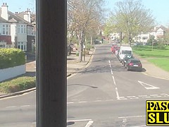 Nasty whore Liz Rainbow squirts a lot at office window